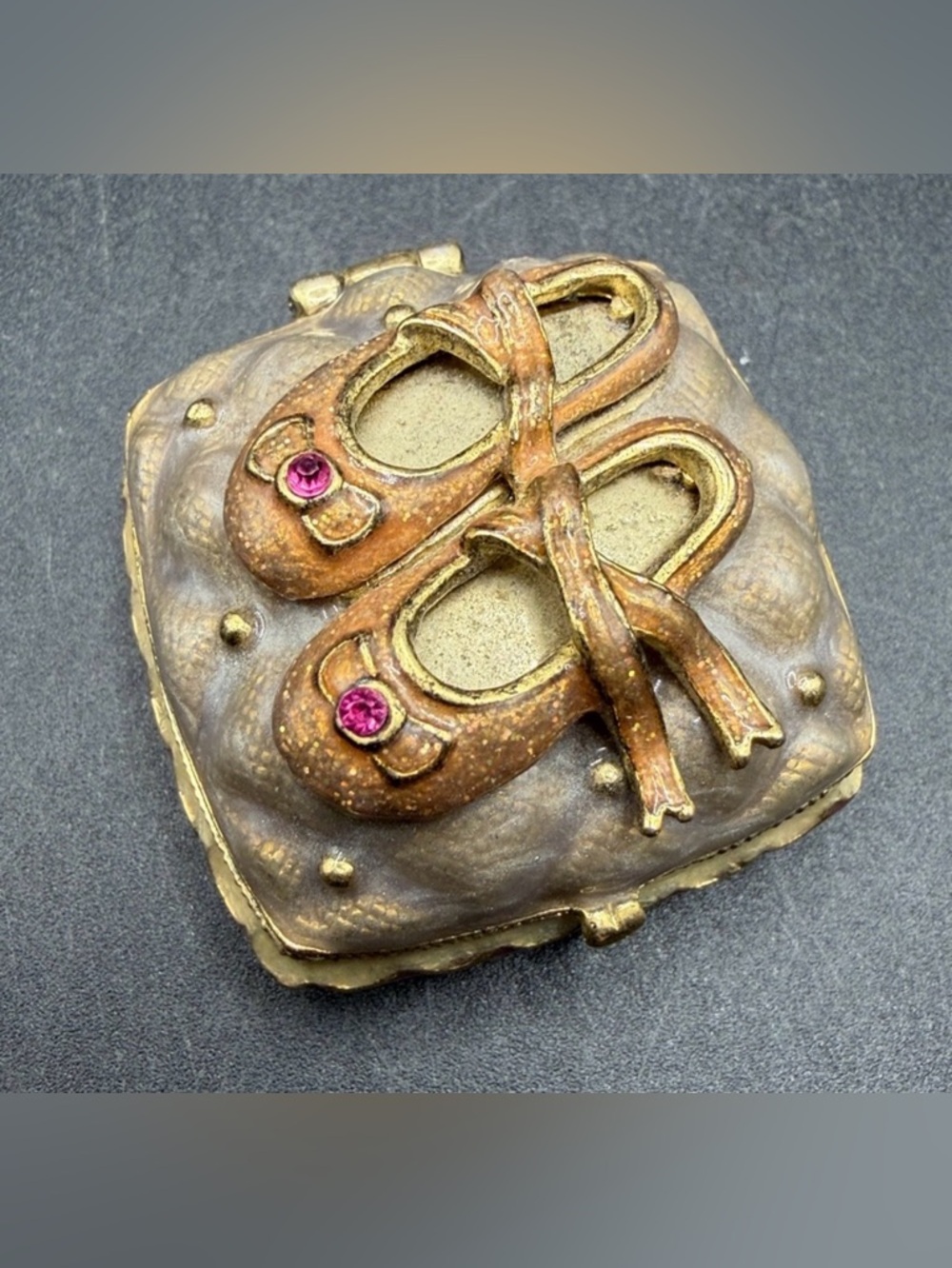 Monet Vintage Metal Rhinestone Enamel Ballet Slipper Hinged Trinket Box Pill Box